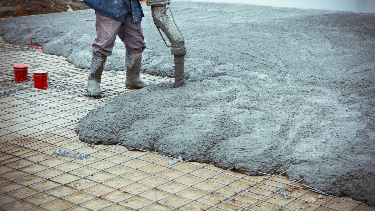 Construction worker pouring concrete at a job site.